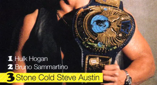 Une affiche de Steve Austin posant avec sa ceinture de champion