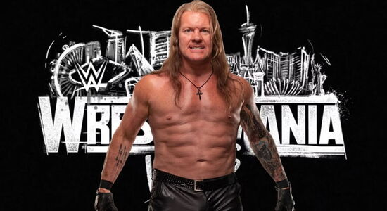 Photo de Chris Jericho devant l'affiche de WrestleMania 42